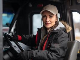 fêmea caminhão motorista às trabalhos fechar-se. mulher carreira conceito foto