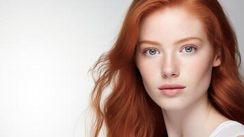 retrato do lindo jovem mulher com gengibre cabelo, azul olhos, pele detalhes. natural beleza com sardas em a face. publicidade do cosméticos, perfumes foto