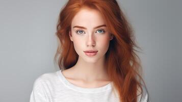 retrato do lindo adolescente menina com gengibre cabelo, azul olhos, roliço lábios, ingênuo facial expressão. natural beleza com sardas em a face. publicidade do cosméticos, perfumes foto