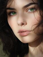 retrato do uma lindo jovem mulher com verde olhos, pele detalhes. natural beleza do uma fofa modelo. publicidade do cosméticos, perfumes foto