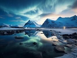 nothern luzes sobre a mar Nevado montanhas. inverno panorama. Novo ano conceito foto