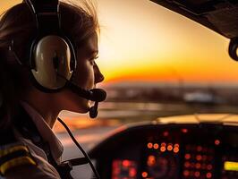 fêmea piloto às trabalhos fechar-se. mulher carreira conceito foto