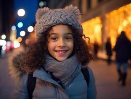 retrato do uma sorridente menina dentro caloroso roupas contra a pano de fundo do uma inverno rua foto