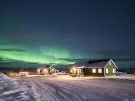 nothern luzes e casa inverno panorama. Novo ano conceito foto