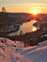 sereno inverno pôr do sol sobre uma tranquilo rio. inverno panorama foto