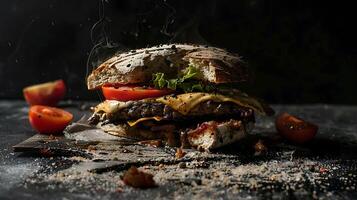uma suculento hamburguer com Derretendo queijo, fresco legumes, e uma grelhado empada, capturado no meio uma escuro, dramático pano de fundo foto