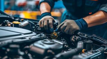 uma mecânico é trabalhando em a motor do uma carro foto