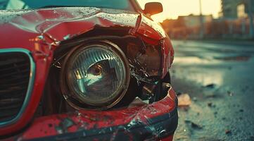 uma vermelho carro com uma estragado frente fim foto