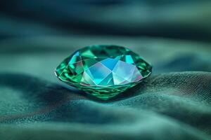 ai gerado esmeralda pedra preciosa em azul texturizado tecido foto