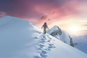 ai gerado ascendente a Nevado alturas aventureiro caminhante conquistando uma majestoso montanha. criada com generativo ai foto