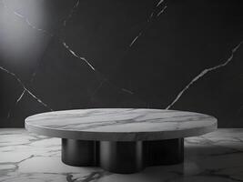 a elegante cinzento mármore mesa para exibindo produtos tem uma Sombrio Preto calcário fundo. foto
