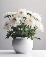 ai gerado crisântemos flores dentro uma branco Panela em uma mesa foto