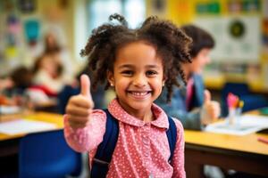 ai gerado uma escola menina dando a polegares acima dentro uma Sala de aula foto