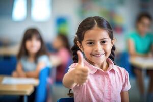 ai gerado uma escola menina dando a polegares acima dentro uma Sala de aula foto