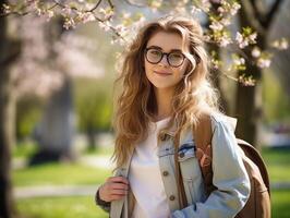 ai gerado uma lindo jovem mulher com óculos e uma mochila dentro Primavera foto