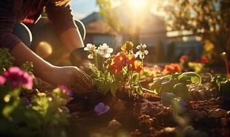 ai gerado uma pessoa é plantio flores dentro panelas foto