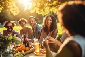 ai gerado uma grupo do pessoas desfrutando uma piquenique dentro a parque foto