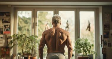 ai gerado muscular idosos homem preparando para trem. costas Visão do uma em forma Senior homem às lar. força e determinação. generativo ai foto