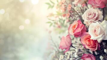 ai gerado Rosa e branco rosas bokeh fundo, perfeito para cumprimento cartões, Casamento convites, ou floral temático desenhos foto