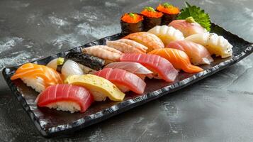 ai gerado fechar acima do uma prato do sortido Sushi, perfeito para japonês cozinha menus, Comida blogs, e restaurante promoções. fresco e vibrante. foto
