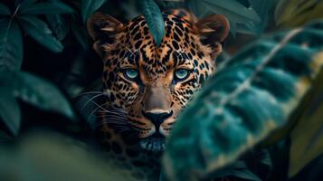 ai gerado leopardo dentro a selva, vibrante e feroz. perfeito para natureza temático marketing materiais, animais selvagens conservação campanhas, ou aventureiro viagem promoções. foto