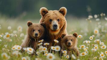 ai gerado ursa e Urso filhotes em a Prado dentro verão. kamchatka, Rússia foto