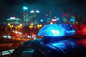 ai gerado polícia carro em a estrada às noite com cidade luzes dentro a fundo foto