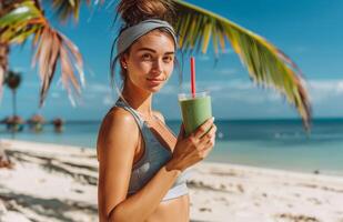 mulher segurando verde batido em de praia foto