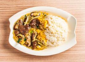 frito carne com ovo arroz servido dentro prato isolado em mesa topo Visão do hong kong Comida foto