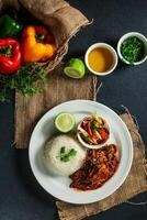 jamaicano Carneiro molho com avião arroz, salada, tomate, pepino mergulhar, molho e Sino Pimenta servido dentro prato isolado em guardanapo topo Visão do almoço Comida foto