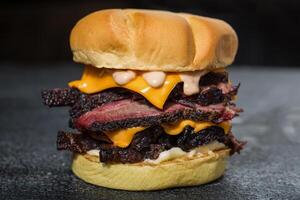 Duplo carne peito sanduíche ou hamburguer com derretido queijo e maionese isolado em Sombrio cinzento fundo lado Visão do velozes Comida sanduíche foto