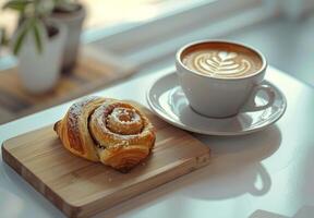 uma copo do café e uma pastelaria em uma de madeira borda foto