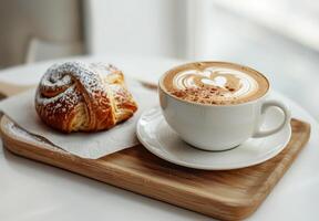 uma copo do café e uma pastelaria em uma de madeira borda foto