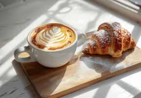 uma copo do café e uma pastelaria em uma de madeira borda foto