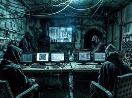 ai gerado hackers vestem máscaras e encapuzado jaquetas, cobertura seus rostos. elas estão trabalhando em computadores dentro uma Sombrio sala. foto