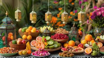 ai gerado uma generoso exibição do frutas, doces, e iguarias liderar Fora em uma mesa dentro preparação para a eid al-adha foto