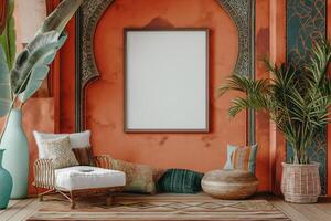 uma brincar do uma em branco quadrado foto quadro, Armação suspensão dentro a meio do parede com marroquino, meio Oriental, vibrante decoração.