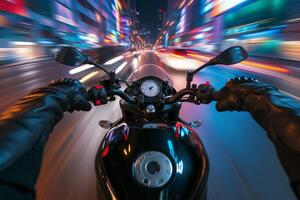 ai gerado Esportes moto passeio em noite rua com movimento borrão foto