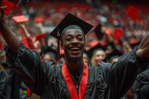 ai gerado masculino Preto graduado comemora graduação dia às Faculdade foto