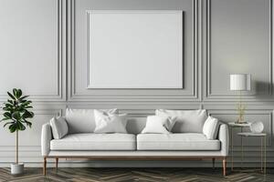 ai gerado moderno apartamento vivo quarto com em branco brincar quadro, Armação acima sofá foto