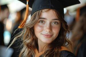 ai gerado fêmea graduado comemora graduação dia às Faculdade foto