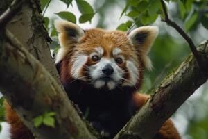 vermelho panda em árvore ramo dentro floresta habitat foto