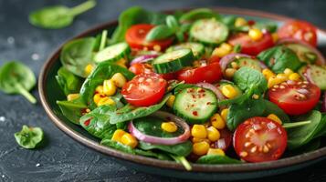 ai gerado fresco salada com pepinos, tomates, milho, e alface foto