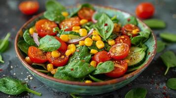 ai gerado fresco salada tigela em mesa foto