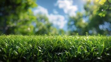 ai gerado brilhante luz solar sobre gramíneo campo foto