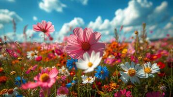 ai gerado colorida flor campo abaixo azul céu foto