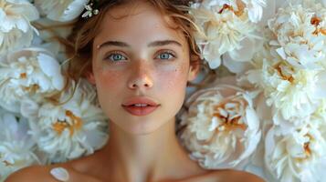 ai gerado mulher com azul olhos cercado de branco flores foto