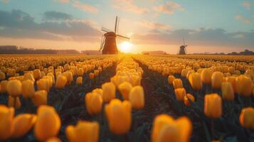 ai gerado campo do amarelo tulipas com moinho de vento foto