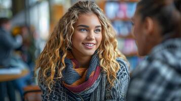 ai gerado sorridente mulher com encaracolado cabelo interagindo com outro mulher foto