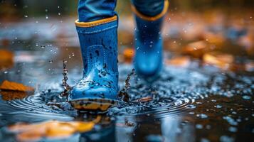 ai gerado criança Rosa e azul chuva chuteiras espirrando dentro poças foto